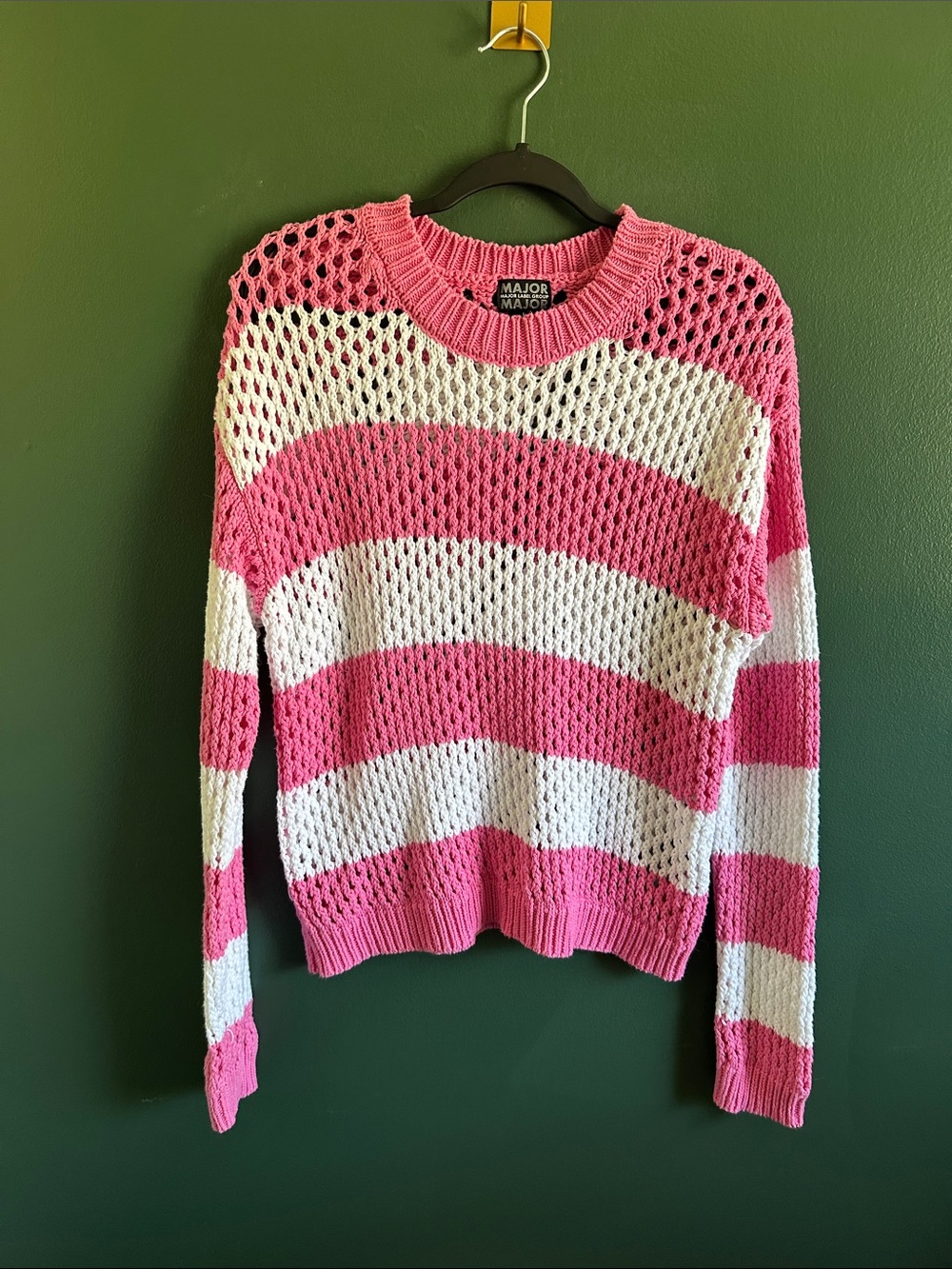 Major Label Group  Pink & White Open-Weave Stripe Crewneck Sweater Size L